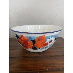 Vintage Enamelware Bowl Floral Hand Painted Farmhouse Rustic Decor Peacock